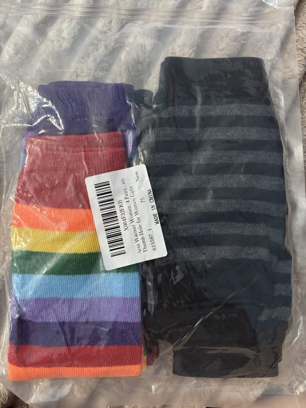 4 Pairs Striped Arm Warmers Thumb Hole Brand New Sealed Bag Fingerless Gloves